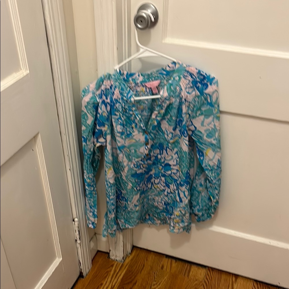 Lilly Pulitzer Floral Blue and white with mint and yellow accents Blouse